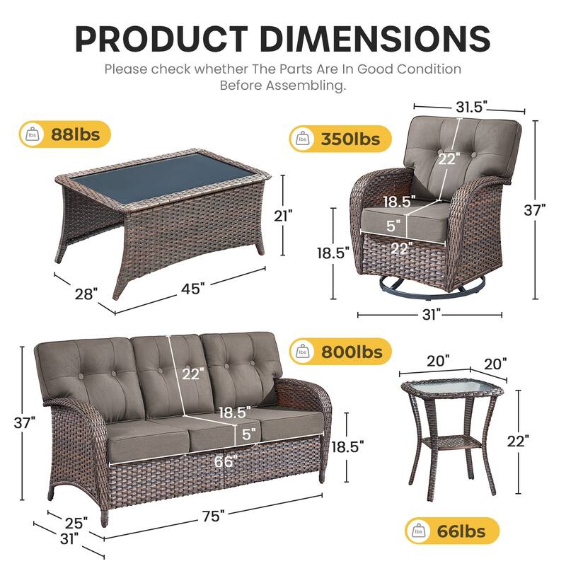 Gymojoy Outdoor Wicker Patio Furniture Set, 5" Thick Cushioned Rattan Set with Swivel Chairs & Coffee Table