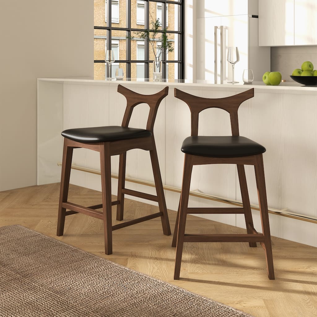 Donata Mid-Century Modern Vegan Leather 24" Counter Stool in Black (Set of 2) - Faux Leather