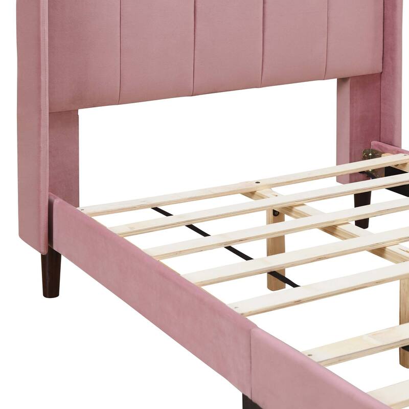 Velvet Upholstered Platform Bed with Wingback Headboard