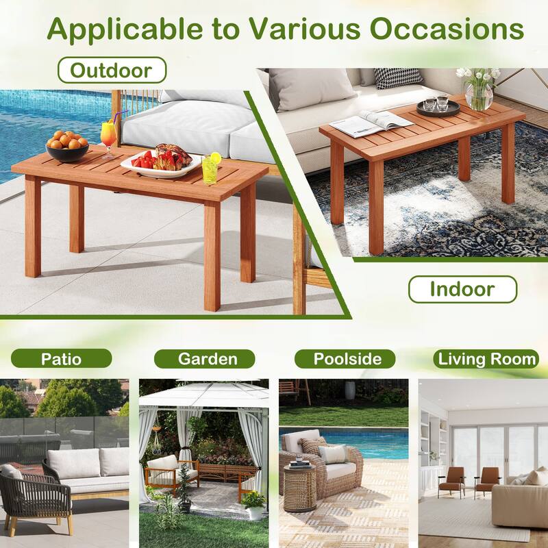 Natural Wooden Outdoor Rectangular Coffee Table with Slatted Top for Garden or Backyard - 35.5" x 18" x 17"