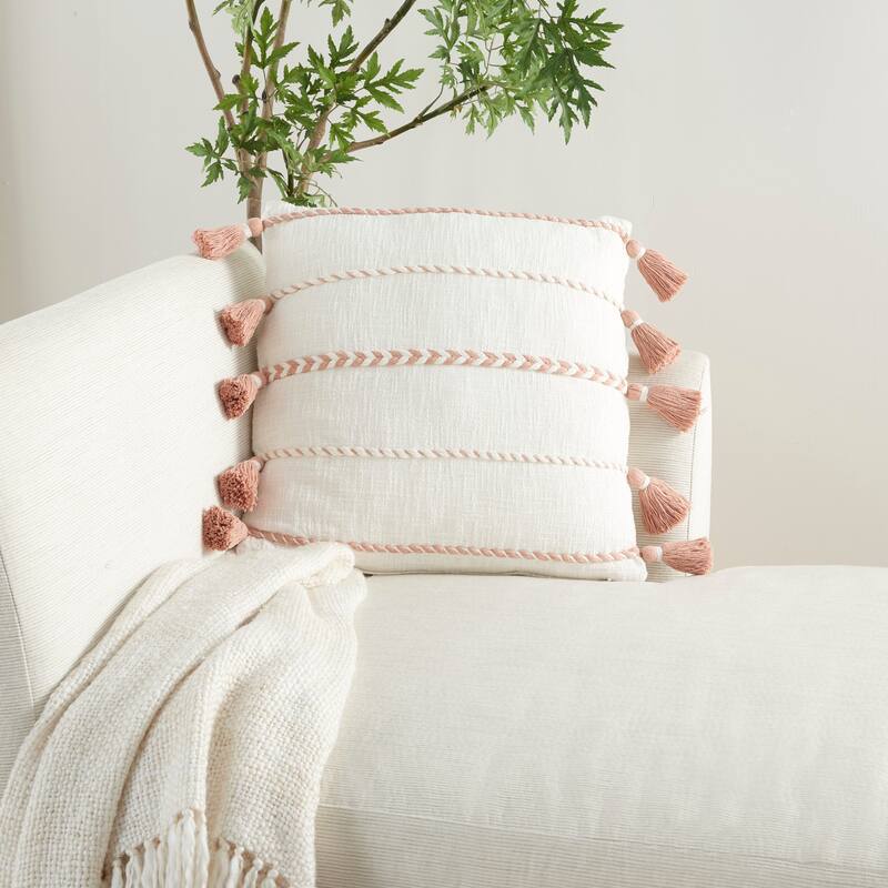 Mina Victory Life Styles Farmhouse Casual Stripe Tassel Fringe Throw Pillow