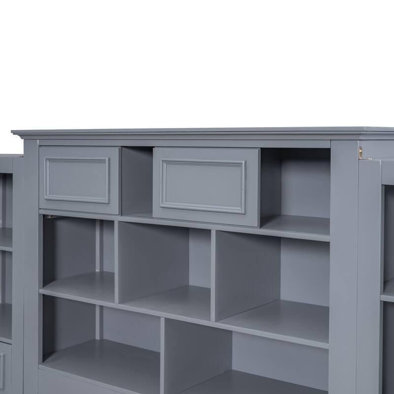 Gray Twin Size Wood Platform Bed with Vertical All-in-One Cabinet and 4 Drawers on each side