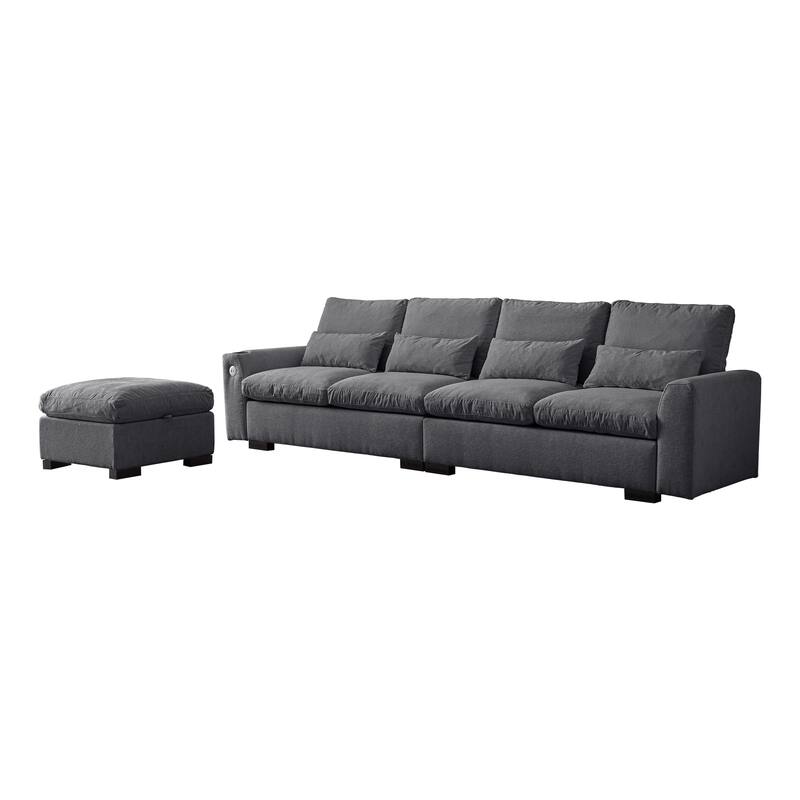 114.5" Modern Modular L Shaped Chenille Sofa with Reversible Ottoman, Storage, USB Ports & Cup Holder in Dark Grey