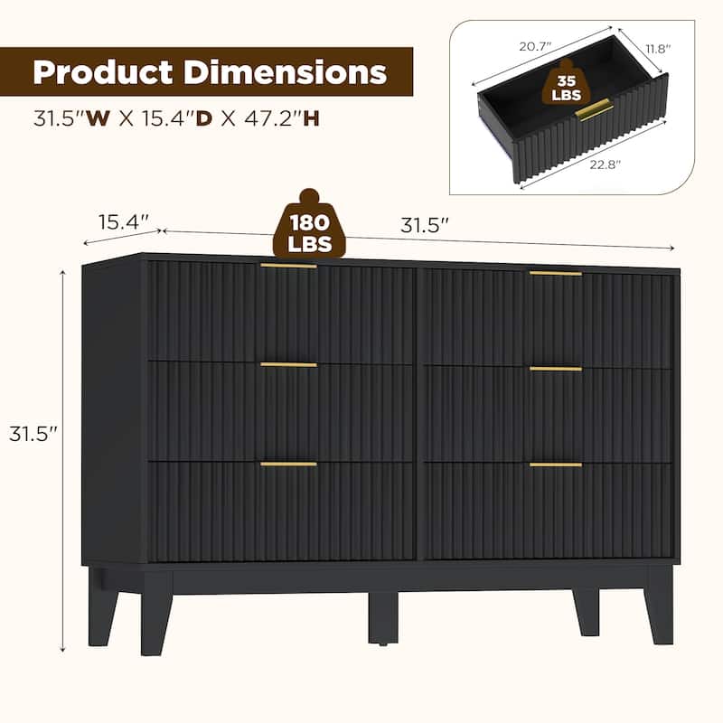 EROMMY Fluted Dresser 6 Drawer Mid Century Modern Dresser Wide Chest of Drawers with Metal Handles for Bedroom Living Room