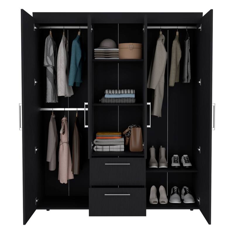 19.8" Modern Four-door Armoire with Hanging Rod, Two Spacious Drawers and Three Shelves