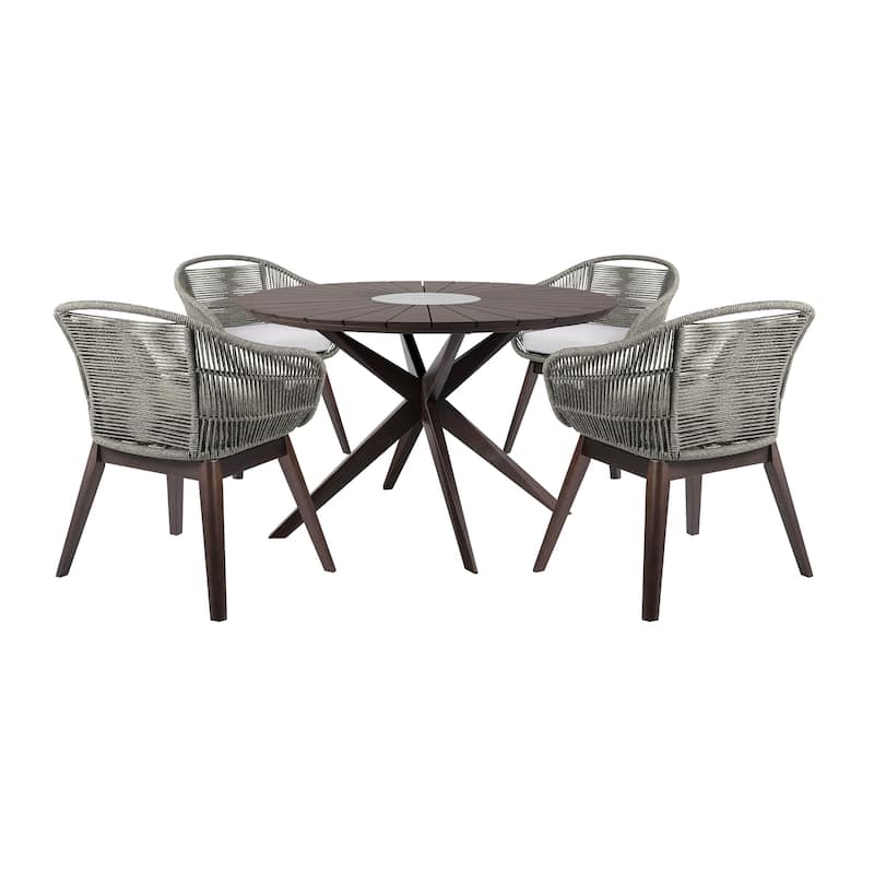 Solid Eucalyptus Wood and Rope 5 Piece Round Outdoor Dining Set