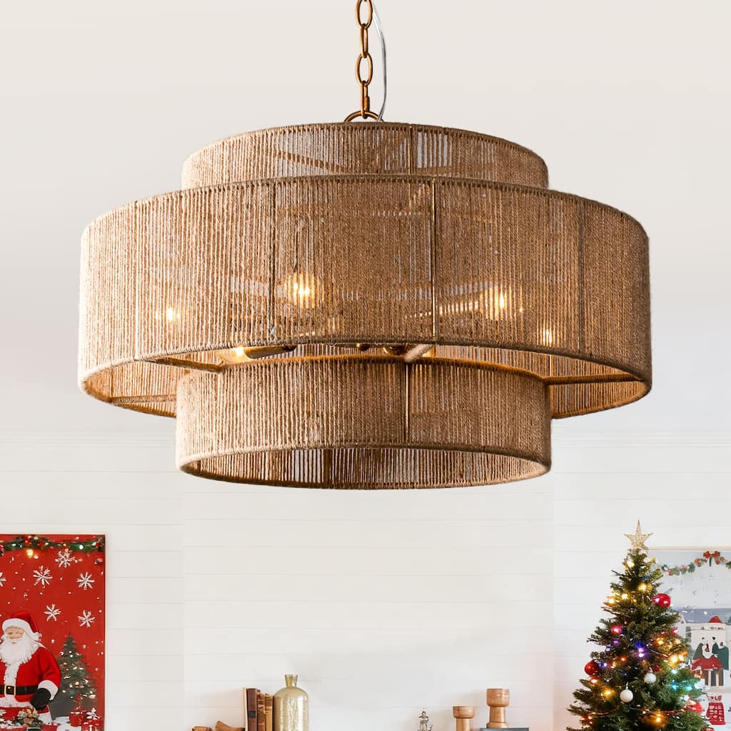 Bohemian Brown Hemp Rope Tiered Drum Chandelier Light - 23.62 "W x 15.16"H