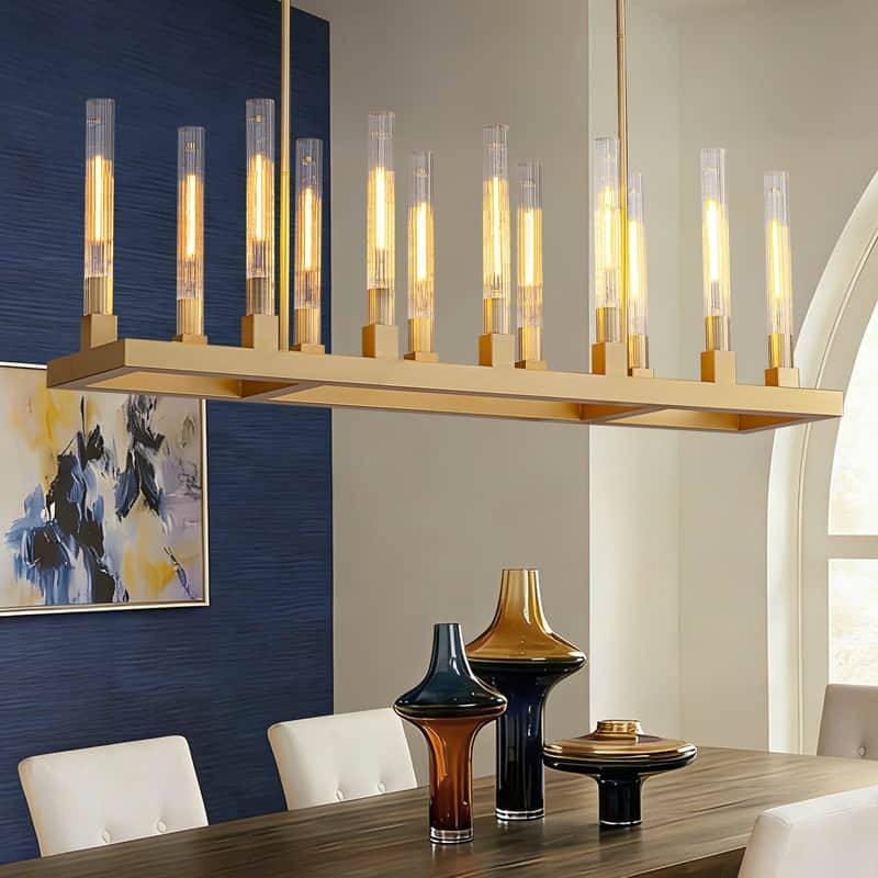 54'' Gold Farmhouse Rectangular Chandelier 12-Light Kitchen Island Lighting with Glass Tube Shades for Living Room & Foyer - N/A - Brass Chnandelier with Glass Tube