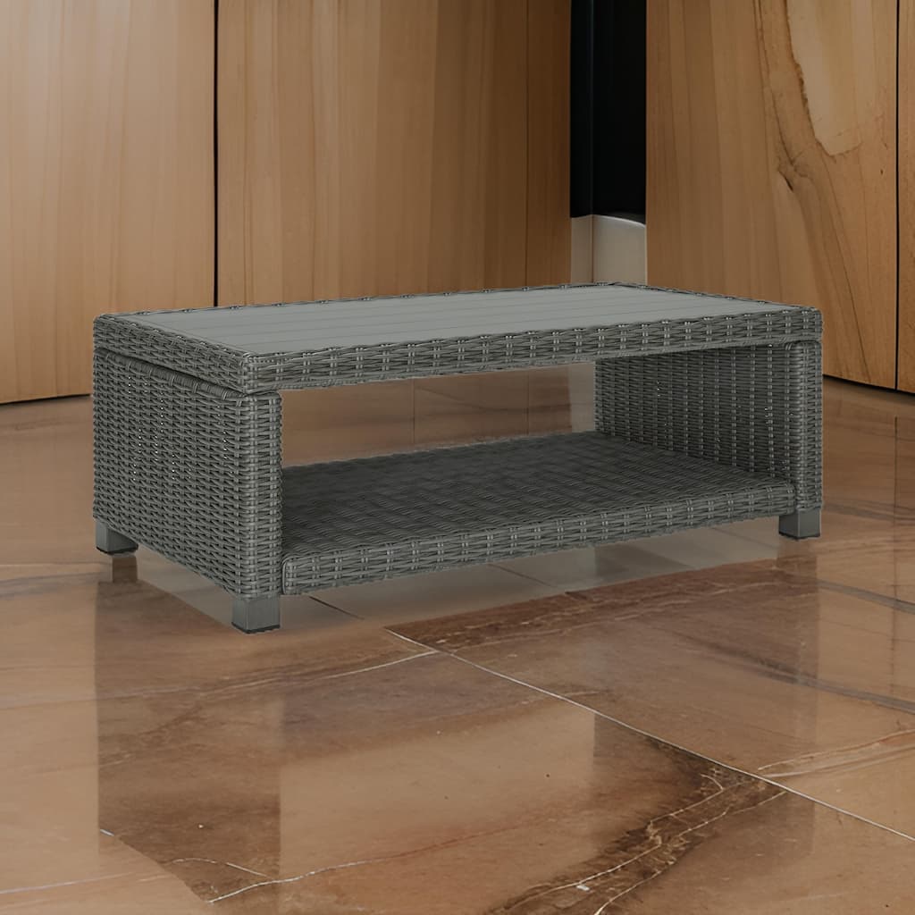 Ellie 50 Inch Outdoor Coffee Table, Lower Shelf, Gray Resin Wicker, Metal