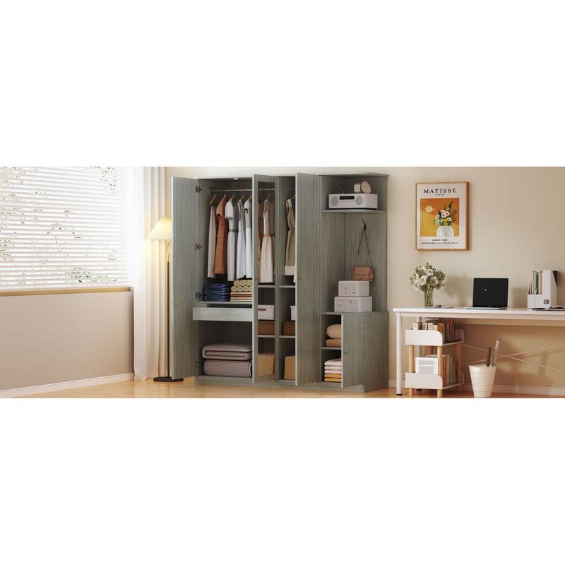 Mirrored Wardrobe Closet 4 Door Wooden Wardrobe with Drawers Large Armoire Closet with Open Storage Space