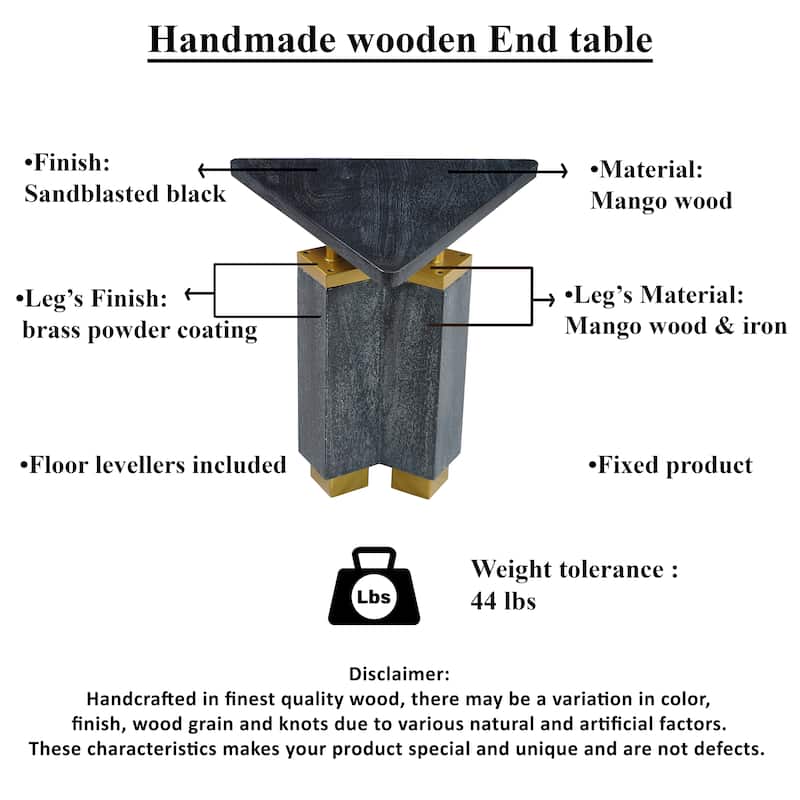 Andes Modern Triangular End Table - Handcrafted with Gold Brass Trim and Sandblasted Black Finish, 20 Inch