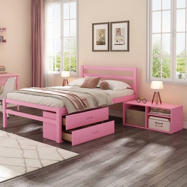 slide 2 of 10, Full Size Platform Bed with Removable Storage Shelves, Wooden Bed with Built-in Two Storage Drawers for Bedroom, Pink Pink