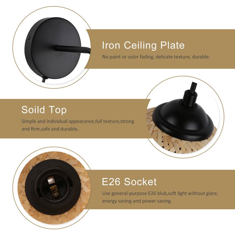 Modern Wicker Plug in Bamboo Wall Light Fixture with Switch - Basket Rattan Lampshade Chandelier Wall Lamp forLiving Room