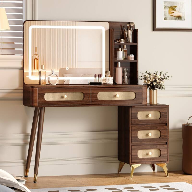 Retro Rattan Makeup Vanity Desk with 5 Drawers and Storage Shelf, Dressing Table with Rectangular Mirror and Touch Light