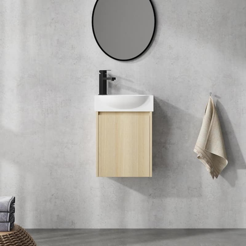 Bathroom Vanity With Sink In 16/20/24/30/36 Inch, Floating Bathroom Vanity With Soft Close Door - 16''W - Beige-Ceramic Sink