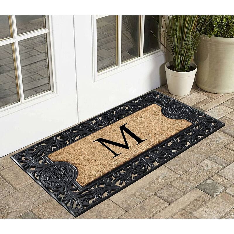 A1HC Floral Border Rubber and Coir Large Outdoor Durable Monogrammed Doormat, Black - 23" X 38"
