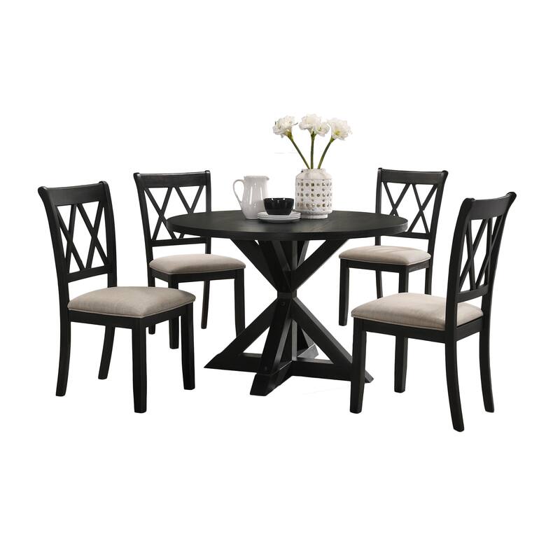 Black Cross Back Dining Chairs and Round Table, Pedestal Dining Table, Breakfast Nook with Upholstered Chairs - Black