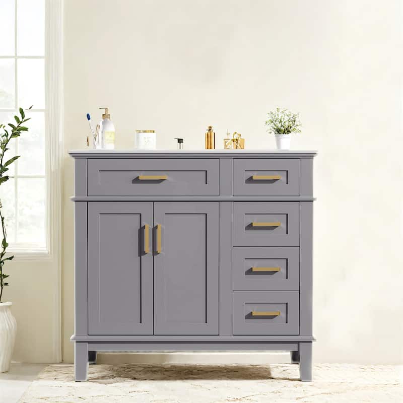 36" Gray Modern Bathroom Vanity with Ceramic Sink - Grey