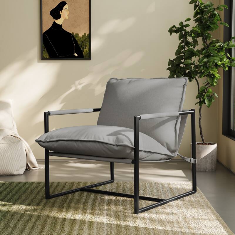Modern Metal Frame Upholstered Sling Accent Armchair