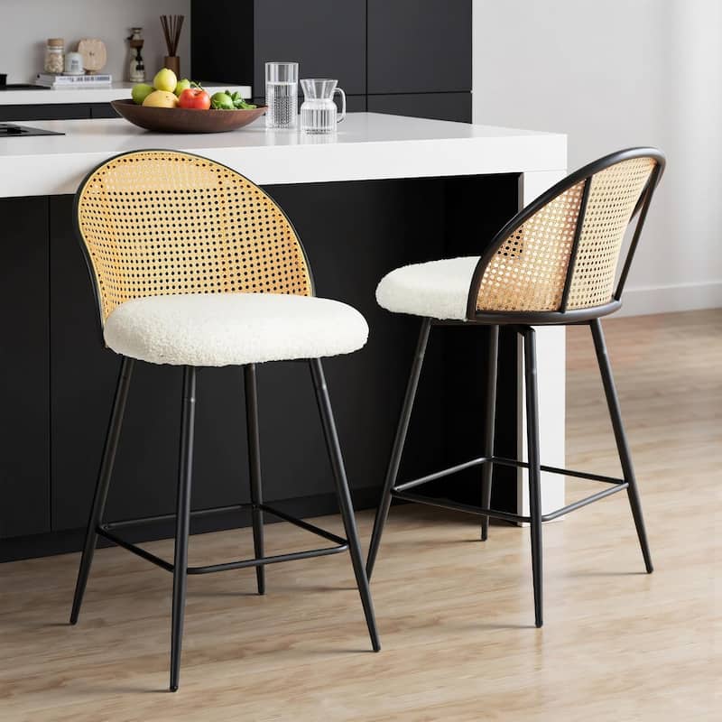 Full Rattan Backrest,Farmhouse Armless Mesh Cane Back Fleece Side Chairs with Metal Legs,Set of 2, Beige