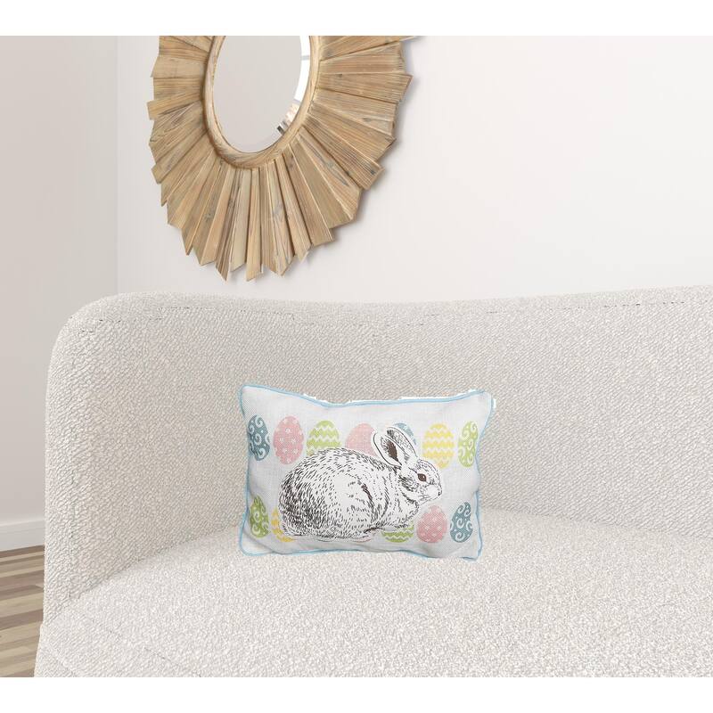 13" X 18" Blue and White Rabbit Easter Easter Bunny Jute Pillow With Applique