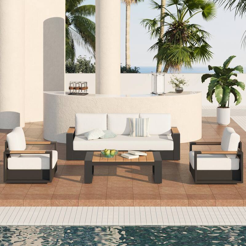 Modern Outdoor Aluminum 4-Piece Conversation Set with Thick Polyethylene Cushions