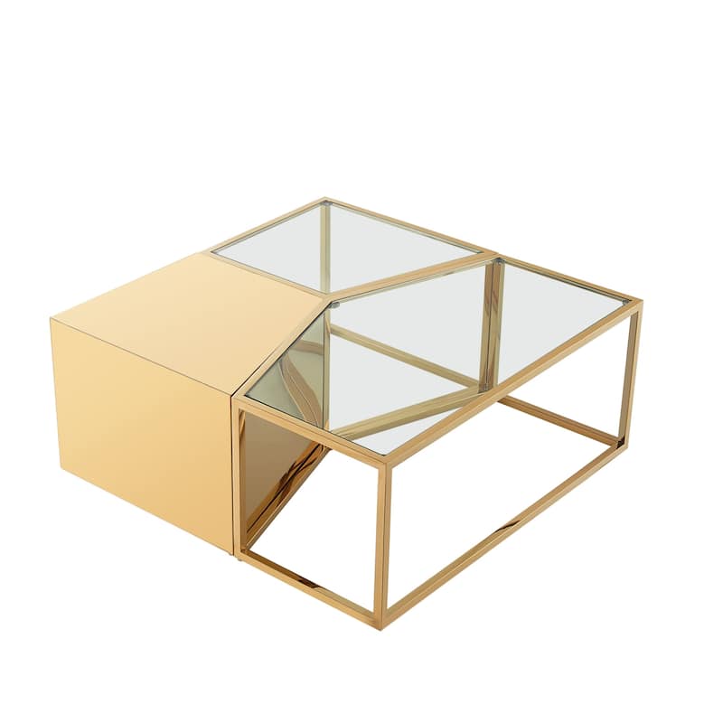 HomeRoots Set of Three 37" Clear And Gold Glass And Stainless Steel Square Mirrored Bunching Coffee Tables - 37.4