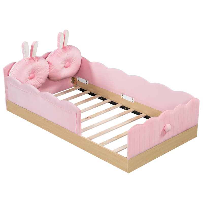 Twin Size Upholstered Bed with Bunny Ear Shape Pillows and Rabbit Tail Footboard, Storage Bags, Wave Frame Platform Bed