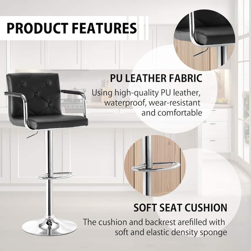 VECELO Height Adjustable Bar Stools Set of 4 Swivel PU Leather Barstool with Back and Arms for Kitchen Island