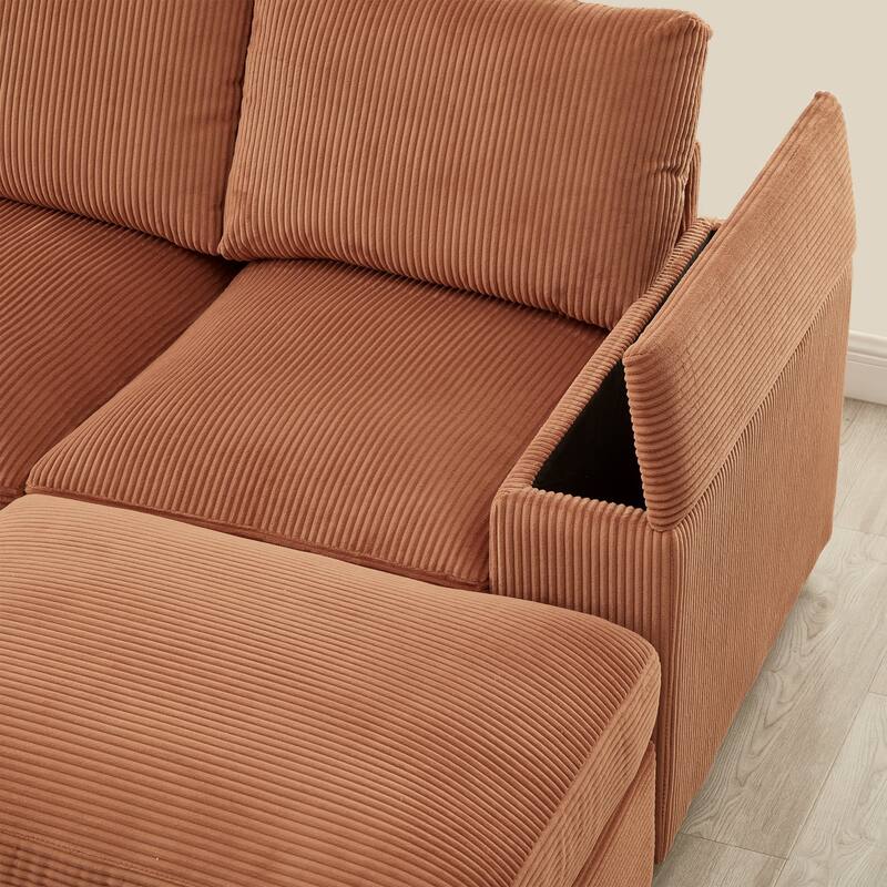 U-shaped corduroy sofa with removable footstool and storage armrests