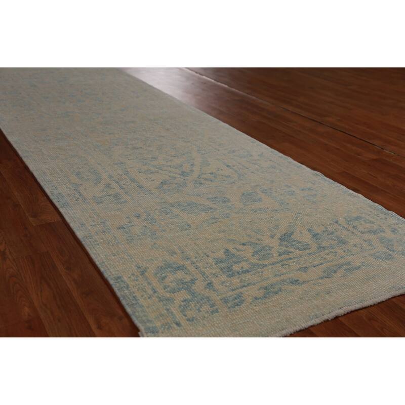 Hand Knotted Oriental 100% Wool Carpet Transitional Geometric Navy Blue & Blues Oushak Runner Rug - 16' 8'' X 3' 2''