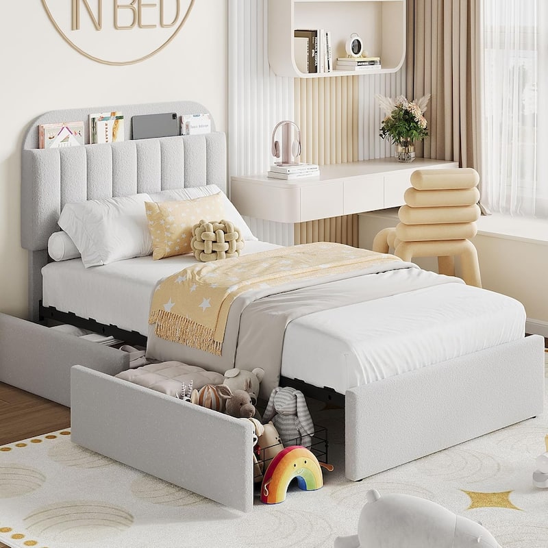 Bed Frame with 2 Drawers, Boucle Upholstered - Grey - Twin