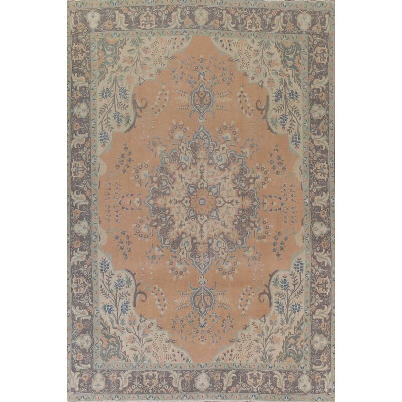Hand Knotted Oriental 100% Wool Carpet Traditional Floral Peach Tabriz Area Rug - 13' 1'' X 9' 4''