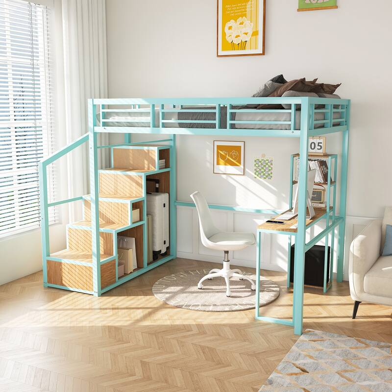 Full Size Iron Loft Bed with Desk and Charging Station, Heavy Duty Metal Loftbed Frame, Full Size High Loft Bed with Storage - Green - Full