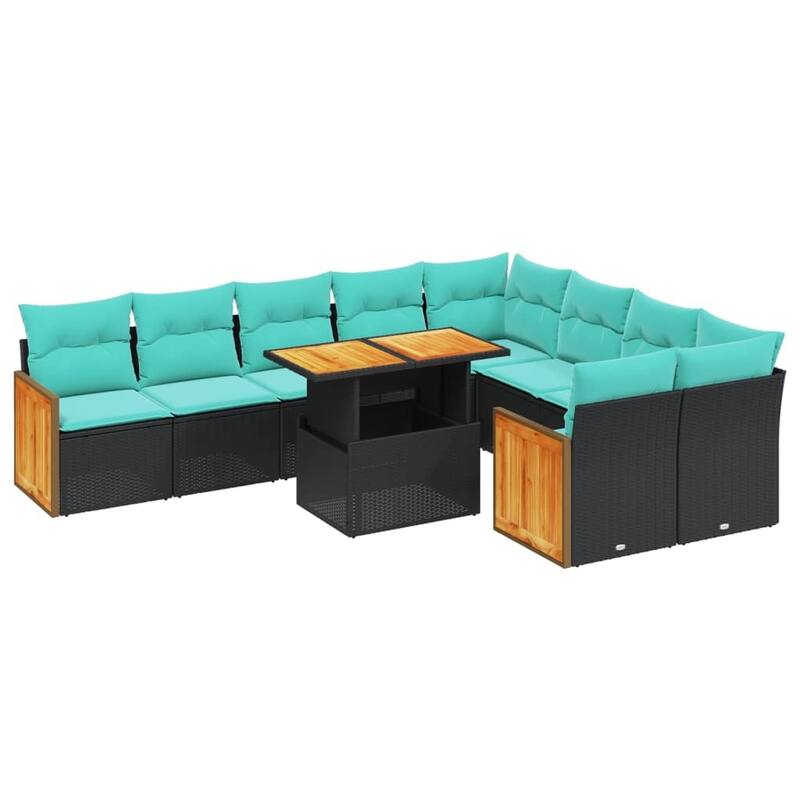 vidaXL 10 Piece Patio Sofa Set with Cushions Black/Gray Poly Rattan - 21.7 x 24.4 x 27.2