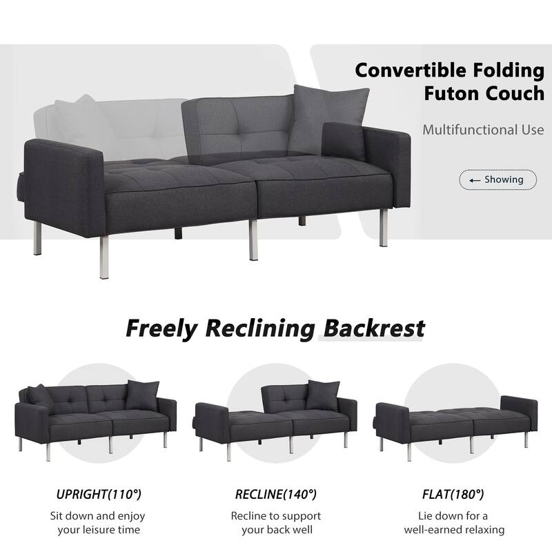 Folding Futon Sleeper Sofa Bed, Black Linen Upholstered Convertible