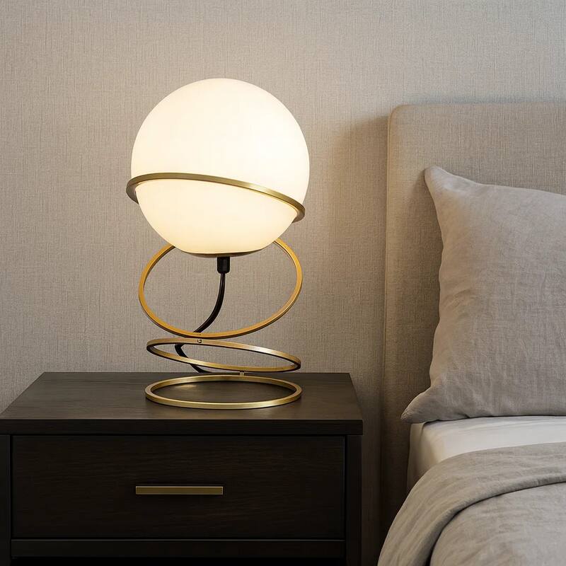Table Lamp, White Glass Globe, 4 Spiral Ring Accented Base 14 Inch