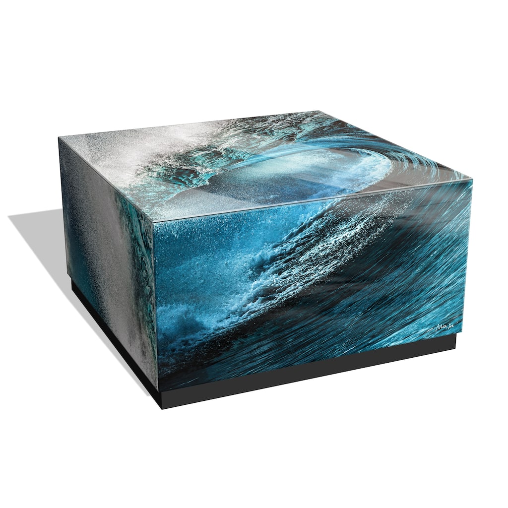 "Sapphire Sea" Reverse Printed Beveled Art Glass Cocktail Table with Black Plinth Base