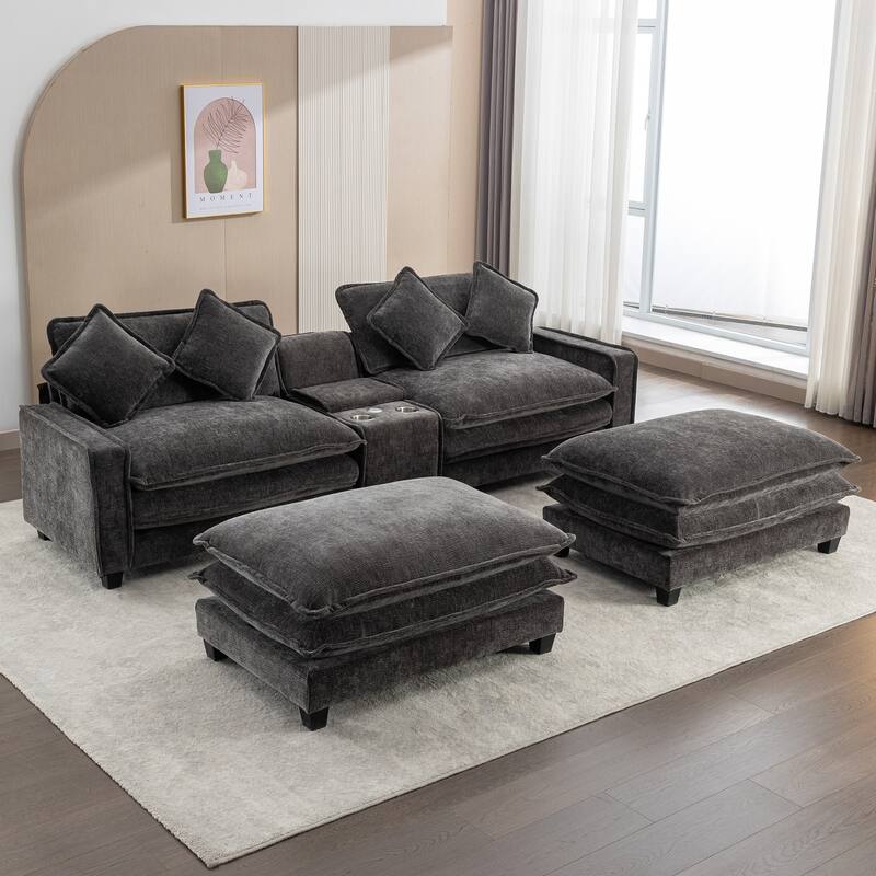 111" Grey Chenille Sectional Sofa with 2 Removable Ottomans, USB Ports, Cup Holders & Storage Box