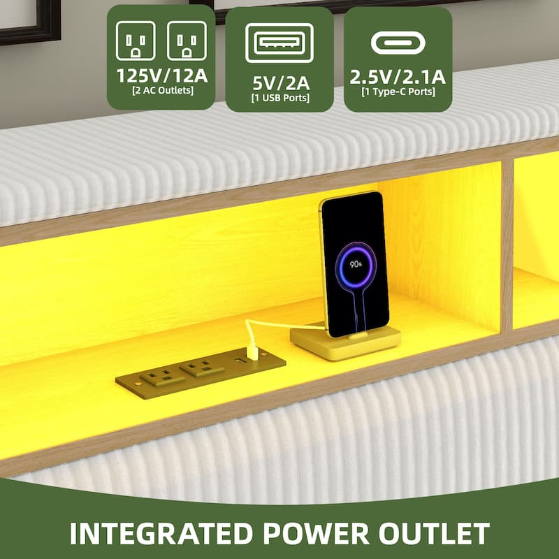 53'' Tall Storage Wingback Headboard, Corduroy Upholstered Platform Bed Frame with Charging Station and RGB LED Lights