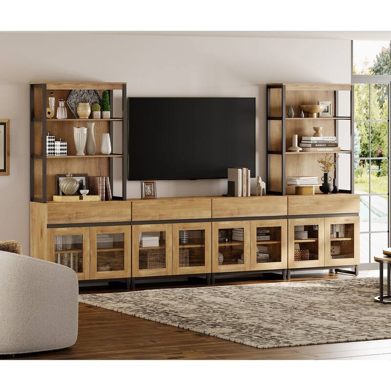 Modern TV Stand with 3 Tiers Bookshelf,Wooden Media TV Console with Glass Doors for Living Room - Oak - 126 inches