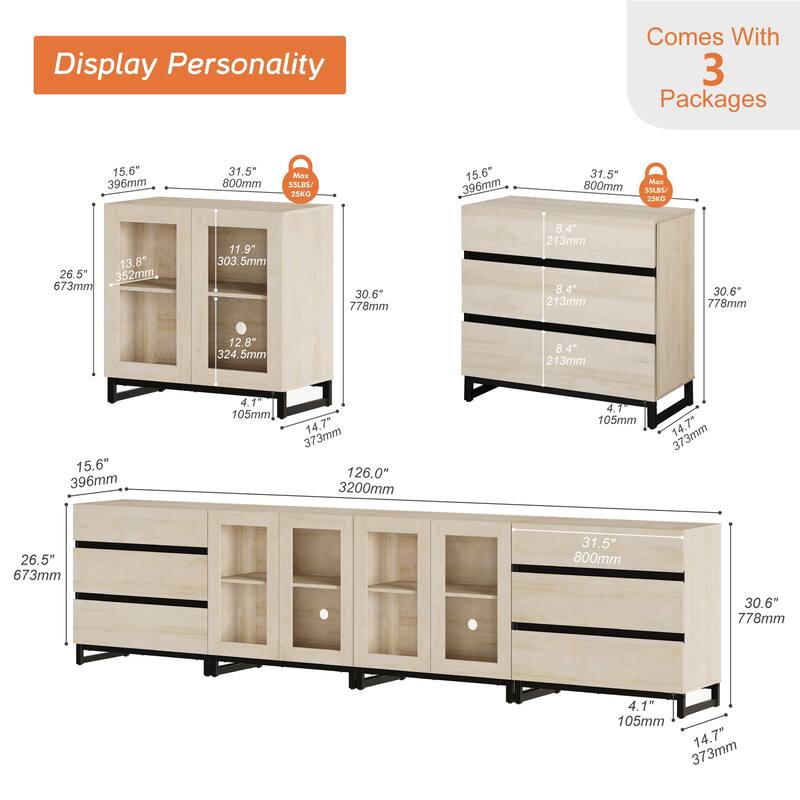 4-in-1 TV Stand for 120" TVs, TV Console with Glass Doors & 6 Drawers