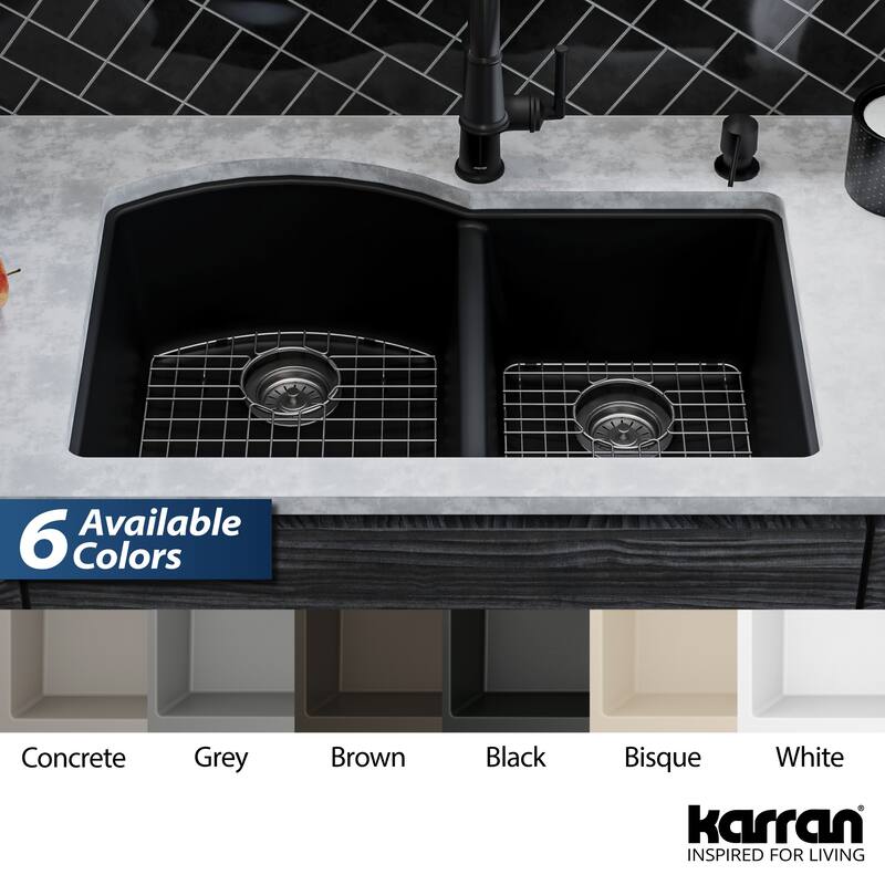 Karran Undermount Quartz 32 in. 60/40 Double Bowl Kitchen Sink Kit