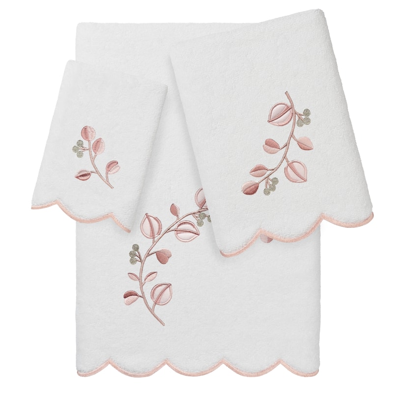 Authentic Hotel and Spa 100% Turkish Cotton WILD BRANCH Scallop Embellished Towel Collection - White/Pink - 3 Piece Set