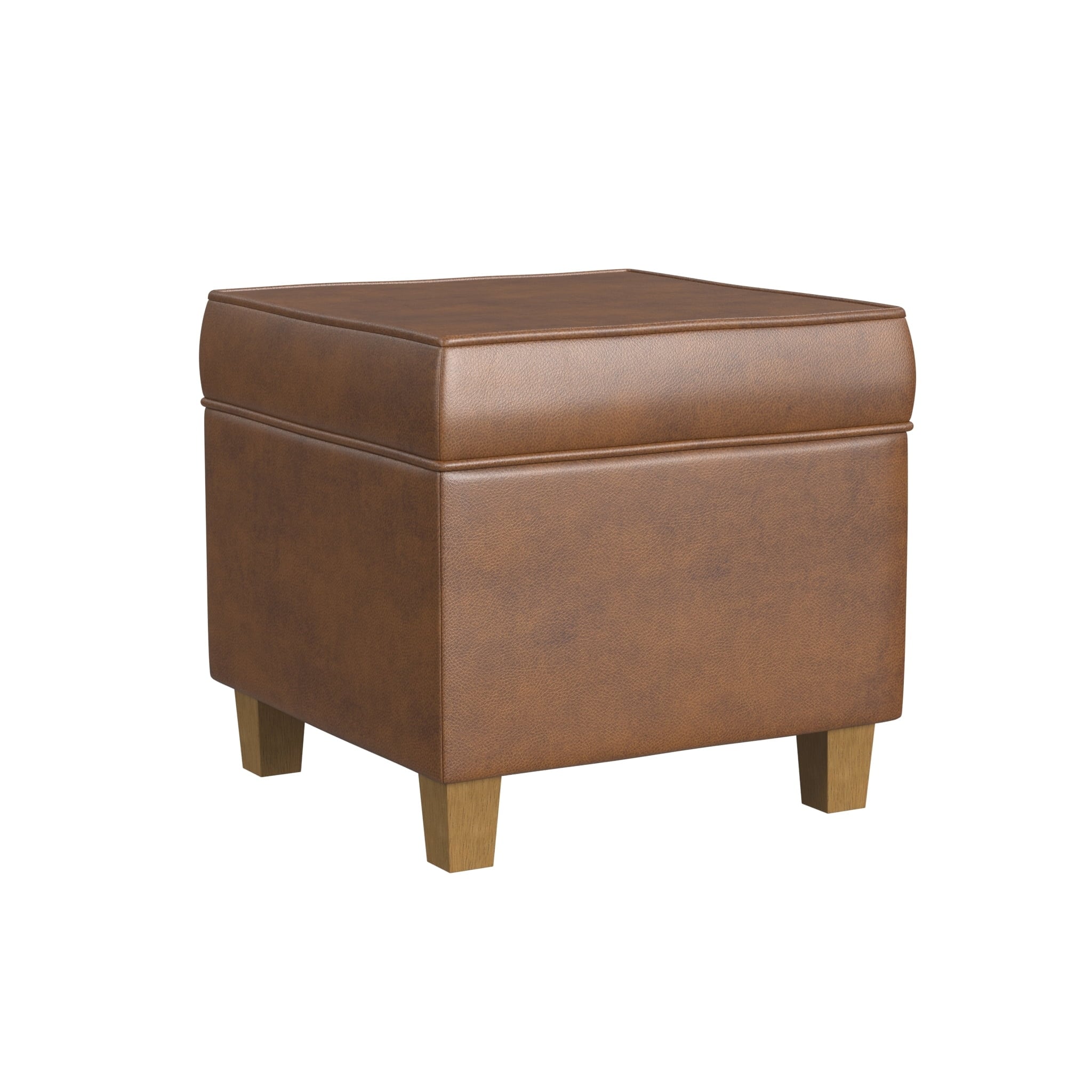 Brown Faux Leather Storage Ottoman with Lift Top, 17.5-inch Square Footstool with Hidden Compartment and Wood Legs