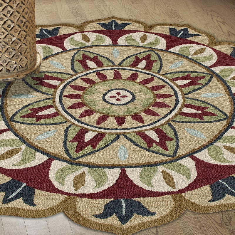 Sevita Dana Aqua Blue/Gray Bohemian Floral Hand-Tufted Wool Round Rug - 6' Round - Red/Green