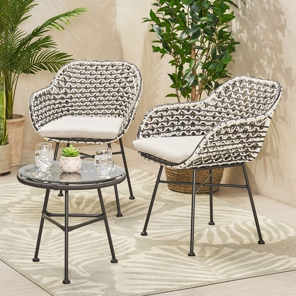slide 1 of 11, Beulah Outdoor Faux Wicker Chat Set by Christopher Knight Home Black + White + Grey + Matte Black + Beige