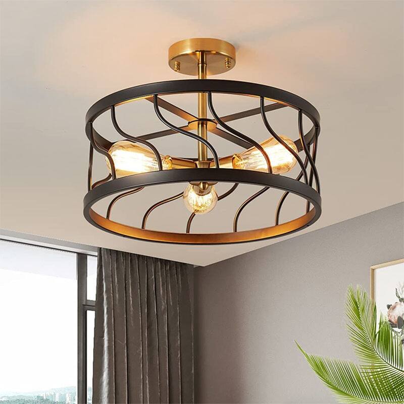YANSUN 16.5 in. 3-Light Black and Gold Drum Metal Semi-recessed Ceiling light Modern Mininalit Semi-Flush Mount t for kKitchen