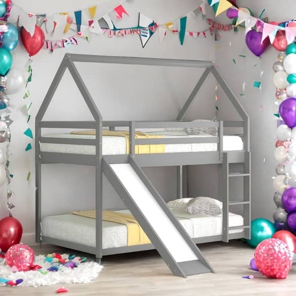 slide 2 of 29, Twin over Twin House Shape Bunk bed with Slide Grey