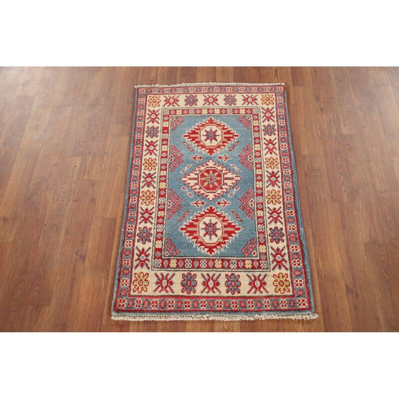 Hand Knotted Oriental 100% Wool Carpet Traditional Geometric Navy Blue & Blues Kazak Area Rug - 3' 1'' X 2' 0''